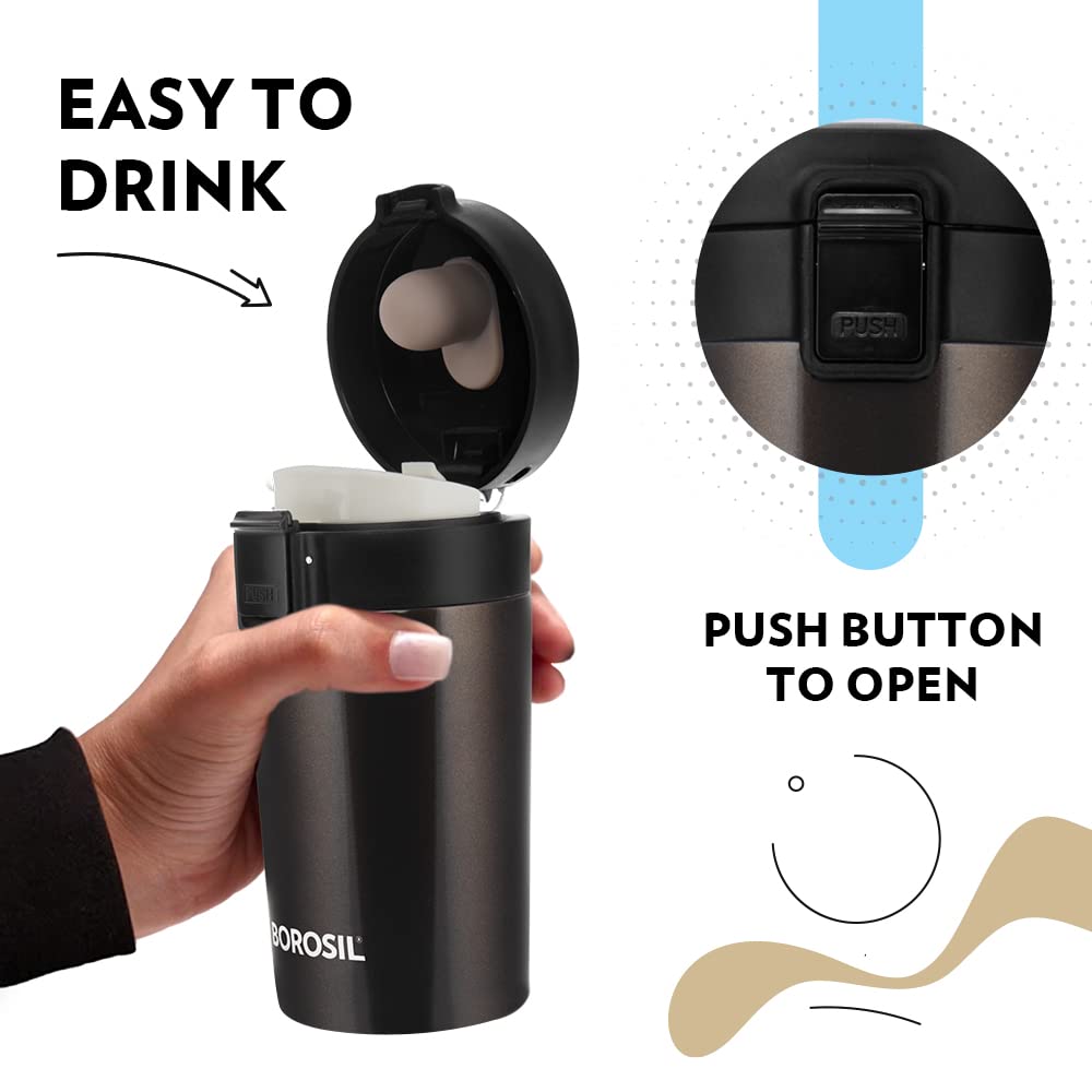 Borosil Coffeemate Insulated Mug, Vacuum Insulated Travel Coffee Mug With Lid, 8 Hours Hot And 14 Hours Cold, 300 Ml, Mocha, Sta